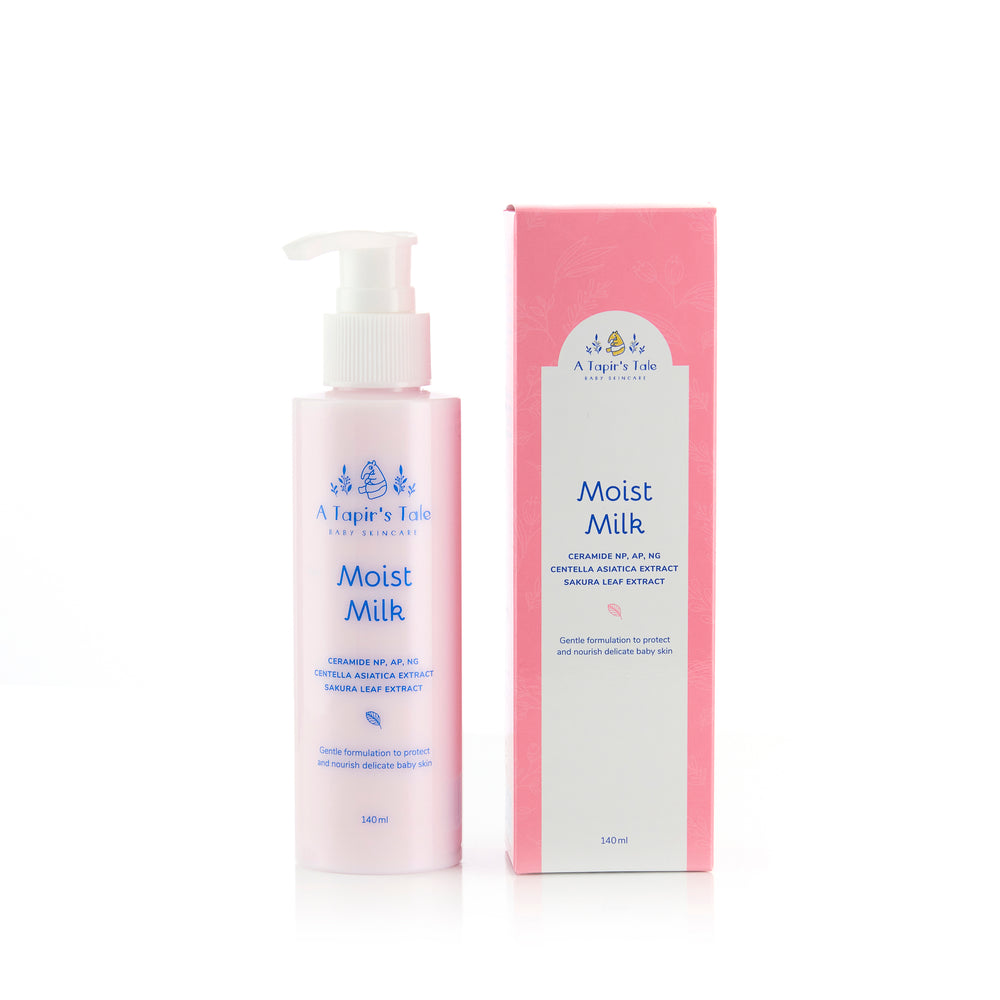 A Tapir's Tale moist milk that contains ceramides and centella asiatica to help soothe and hydrate sensitive baby skin. Also suitable for atopic skin conditions